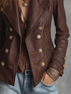 Women’s Lambskin Leather Blazer – Vintage Brown Double-Breasted Coat with Gold Buttons