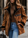 Women’s Brown Suede Jacket – Retro Contrast Trim Zip-Up Coat