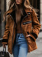 Women’s Brown Suede Jacket – Retro Contrast Trim Zip-Up Coat