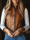 Women’s Retro Sheepskin Leather Vest – Zip-Up Waistcoat with Stand Collar