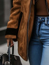 Women’s Brown Suede Jacket – Retro Contrast Trim Zip-Up Coat