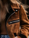 Women’s Brown Suede Jacket – Retro Contrast Trim Zip-Up Coat