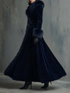 Elegant Velvet Coat with Faux Fur Collar – Women’s Mid-Length Luxury Winter Coat