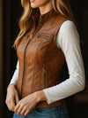 Women’s Retro Sheepskin Leather Vest – Zip-Up Waistcoat with Stand Collar