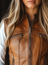 Women’s Retro Sheepskin Leather Vest – Zip-Up Waistcoat with Stand Collar