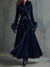 Elegant Velvet Coat with Faux Fur Collar – Women’s Mid-Length Luxury Winter Coat