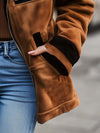 Women’s Brown Suede Jacket – Retro Contrast Trim Zip-Up Coat