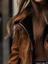 Women’s Brown Suede Jacket – Retro Contrast Trim Zip-Up Coat