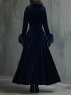 Elegant Velvet Coat with Faux Fur Collar – Women’s Mid-Length Luxury Winter Coat
