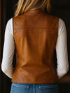 Women’s Retro Sheepskin Leather Vest – Zip-Up Waistcoat with Stand Collar